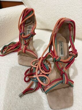 Steve Madden Multicolor Braided Lace-Up Heels with Orange Accents